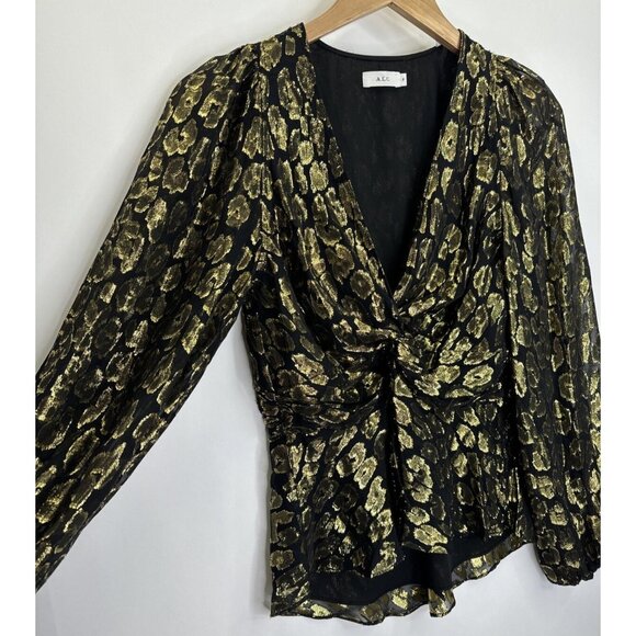 A.L.C. Women's Logan Metallic Print Silk Long Sleeve Blouse Size 8 - Picture 5 of 13